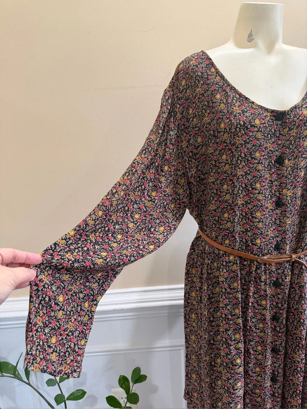 Vintage Putumayo Floral Long-Sleeve Button Front Dress in Brown